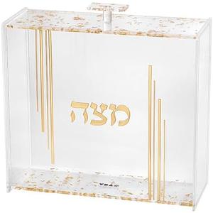 HOUSEOFGAFNI Lucite Square Passover Matzah Holder with Lid  Gold Hebrew Matzah Design  8.5 x 9.5  Modern Pesach Seder Table Display  Made in Israel