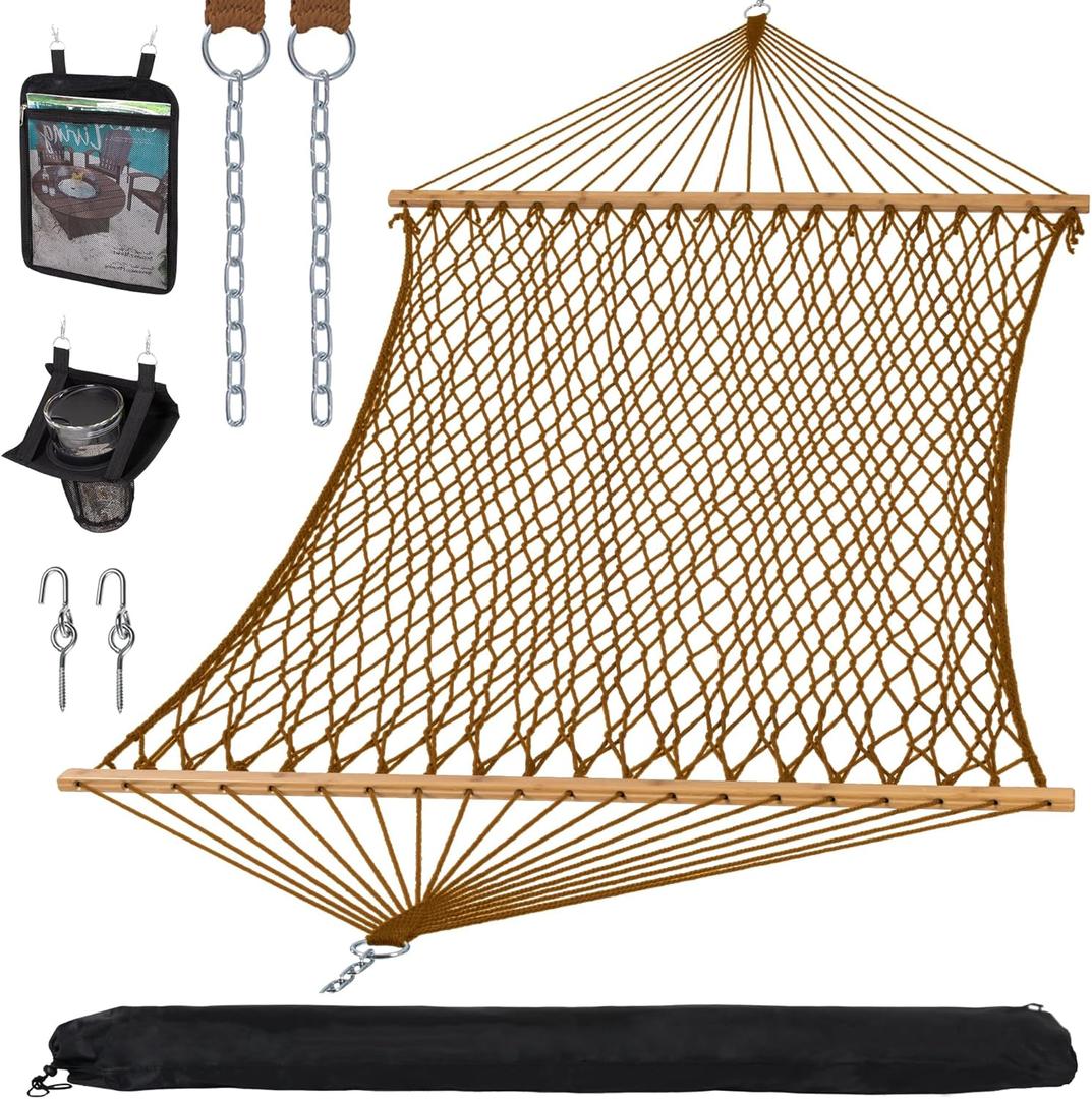 SUNCREAT Portable 2 Person Hammock with Carrying Bag, Tree Hooks, Magazine Bag, Bottle Holder, Heavy Duty Hanging Tree Hammock, Brown