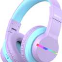 iClever BTH12 Kids Bluetooth Headphones,Colorful LED Lights Kids Headphones Wireless,74/85dBA Safe Volume,85H Playtime,Fast Charging,Bluetooth 5.2,Over Ear,Built-in Mic for iPad/Tablet/Airplane,Purple