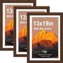 13x19 Picture Frame 3 Pack, Brown Wood, Tempered Glass, 11x17 Mat