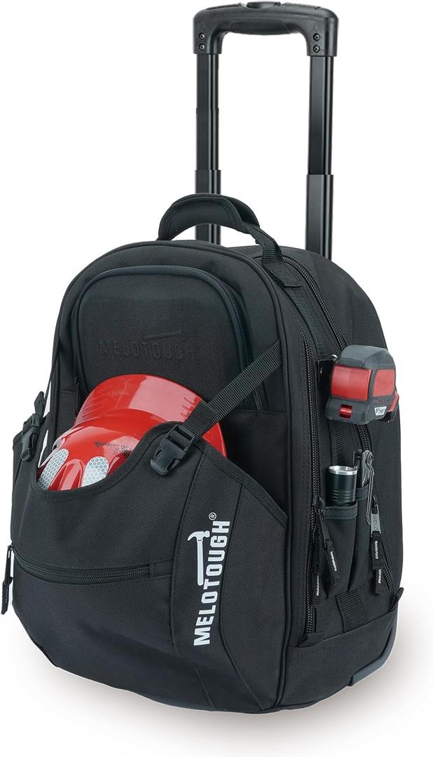 MELOTOUGH Rolling Tool Bag with Telescoping Handle 35 Pockets Wheeled Electrician Backpack Tool Bag For Men,Water Resistant Tool Storage Organizer Including Laptop Sleeve(BLK)
