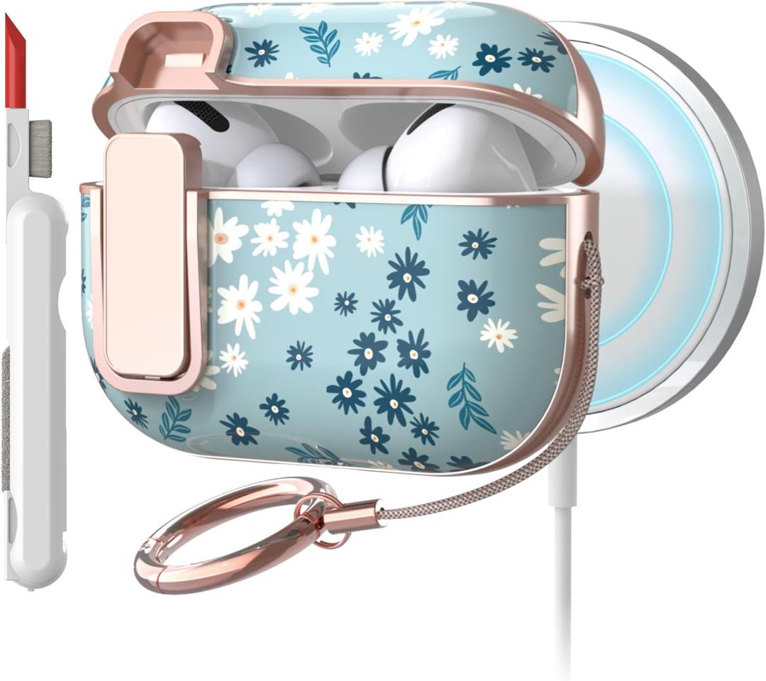 TATOFY for AirPods Pro 2nd Generation Case with Lock Carabiner Cleaner, Slim AirPod Pro 1st & 2nd Hard Case Cover, Compatible with MagSafe (Cyan)