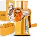 SUSTEAS Rotary Cheese Grater with Handle - Vegetable Shredder with 5 Well-designed Blades & Strong Suction Base,Round Mandoline Slicer & Food Chopper for Kitchen,with Blade Storage Box(Yellow)