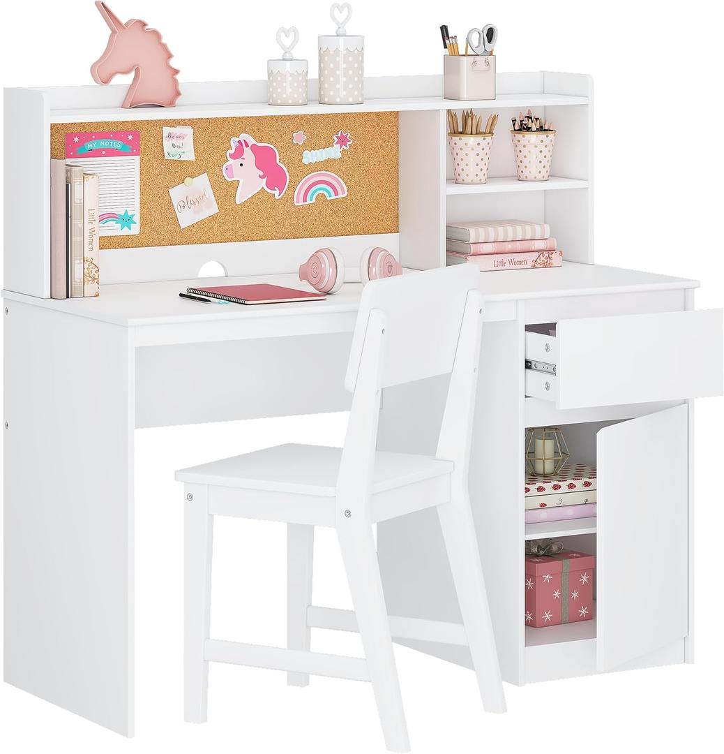 UTEX Kids Study Desk with Chair, Kids Desk and Chair Sets with Hutch for 5-12, Wooden Children Study Table, Student Writing Table Computer Workstation (42.9 x 18.9 x 39.4)