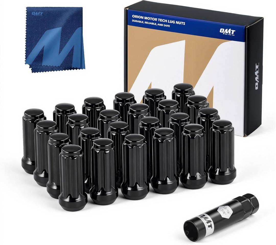 Orion Motor Tech M14x1.5 Lug Nuts Black with Spline Tuner, 2 inches Length Conical Wheel Nut, Compatible with Chevy GMC Ford Cadillac Lincoln SAAB Saturn Silverado 1500 Savana, Set of 24