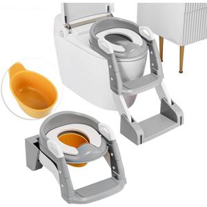 3 in 1 Toddler Potty Training Seat Chair with Ladder and Basin for Boys and Girls, Adjustable Kids Potty Training Seat for Toilet with Anti-Slip Wide Steps and Safety Handles (Grey)