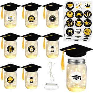 8 Pack 2026 Graduation Centerpieces for Tables Mason Jar Centerpieces with LED Lights Graduation Party Decorations Set with Caps and Stickers for High School College Congrats Grad Decor Supplies