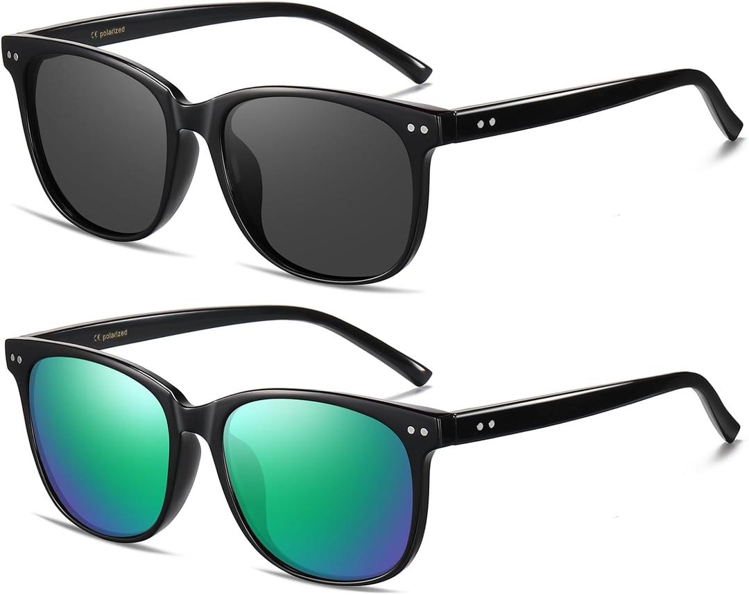 HAOLOTA Polarized Sunglasses for Women, Classic Round Sun Glasses for Driving Fishing lightweight UV400 Protection (Black/Grey + Black/Green)