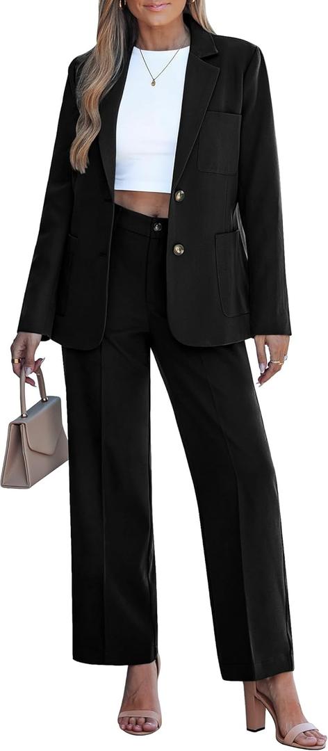 luvamia Pants Suits for Women Dressy 2 Piece Set Business Casual Outfit Professional Long Sleeve Office Work Blazer Sets (X-Large, Black)