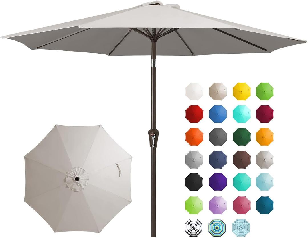 JEAREY 9FT Outdoor Patio Umbrella Outdoor Table Umbrella with Push Button Tilt and Crank, Market Umbrella 8 Sturdy Ribs UV Protection Waterproof for Garden, Deck, Backyard, Pool (Fog Gray)
