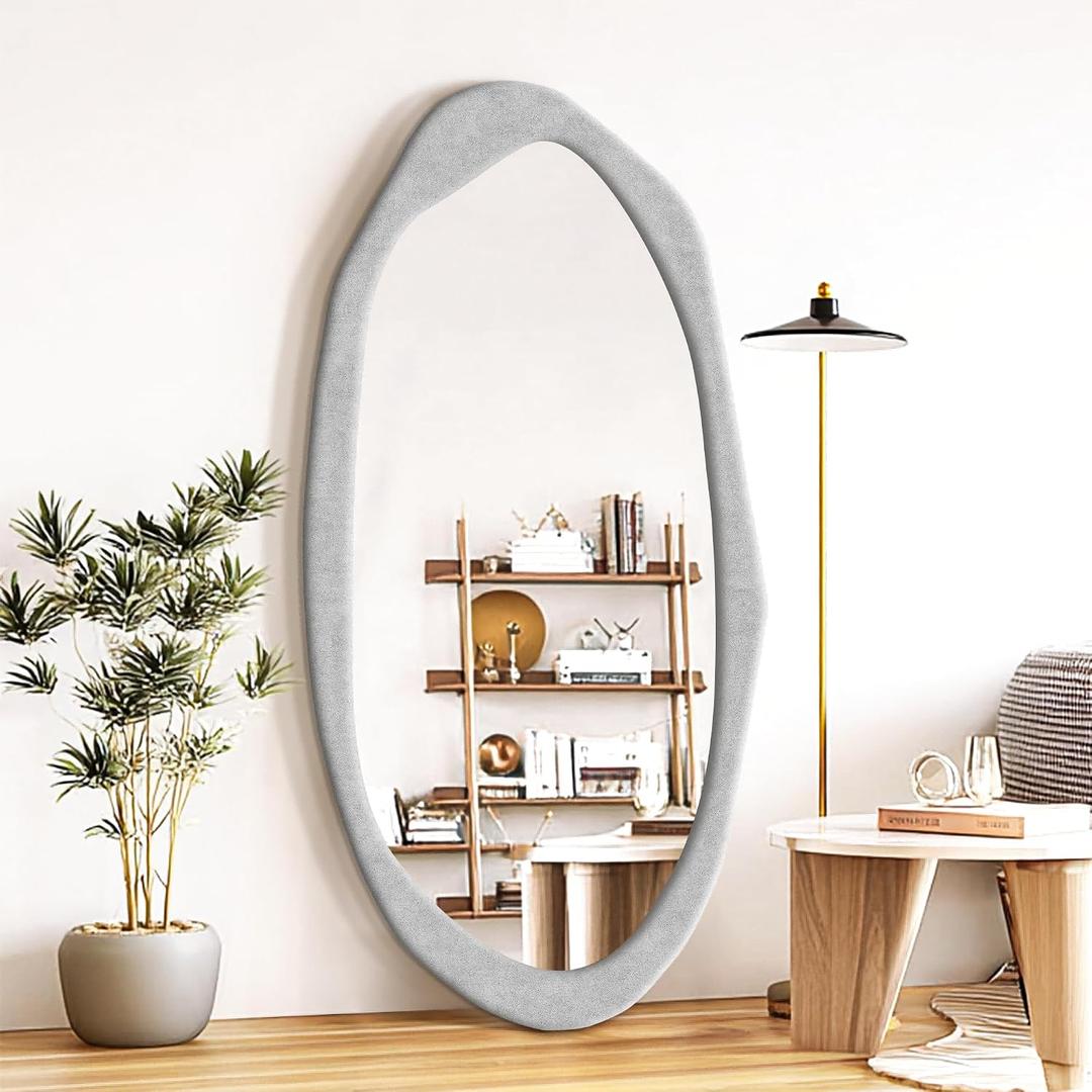 TRAHOME Irregular Asymmetrical Wall Mirror, 48" x 24" Flannel Wrapped Wooden Frame Frame Mirror for Living Room Bathroom Entryway, Hanging or Leaning Against Wall(Grey)