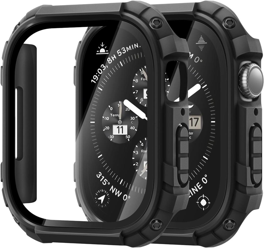 2 Pack for Apple Watch Case, Rugged Cover Compatible with iWatch 11/10 46mm with Built-in Touch Sensitive Tempered Glass Screen Protector (Black)