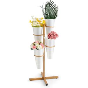 Flower Display Stand with 4 White Plastic Buckets, Rotatable Metal Flower Stand Gold Plant Stands 4 Tier Florist Shelf Plant Cart for Patio Garden Living Room Indoor Outdoor Home Decoration