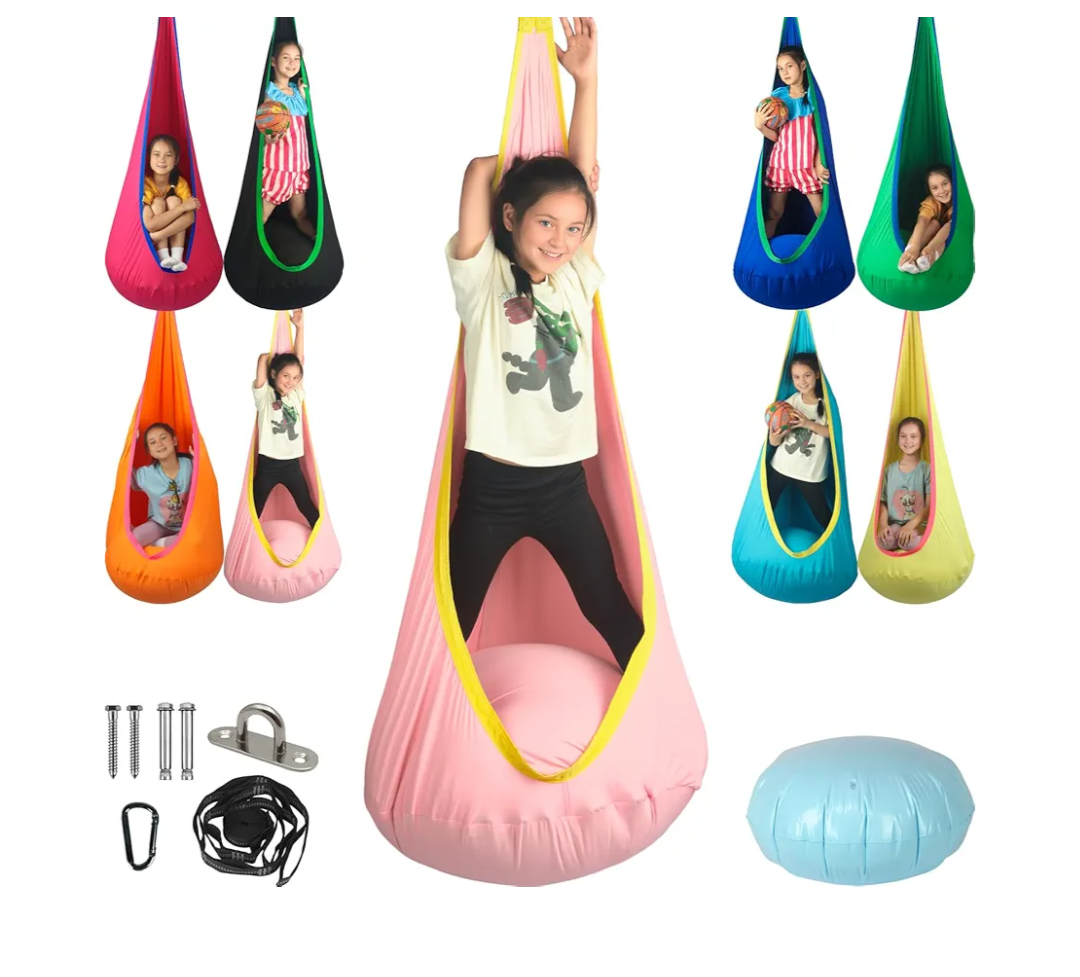 Kids Pod Swing Seat, Max 300 Lbs, Child Sensory Swing Chair Indoor & Outdoor Therapy Hammock Chair with Hanger Kit for Calming, Effect for Autism, ADHD or SPD. (Pink)