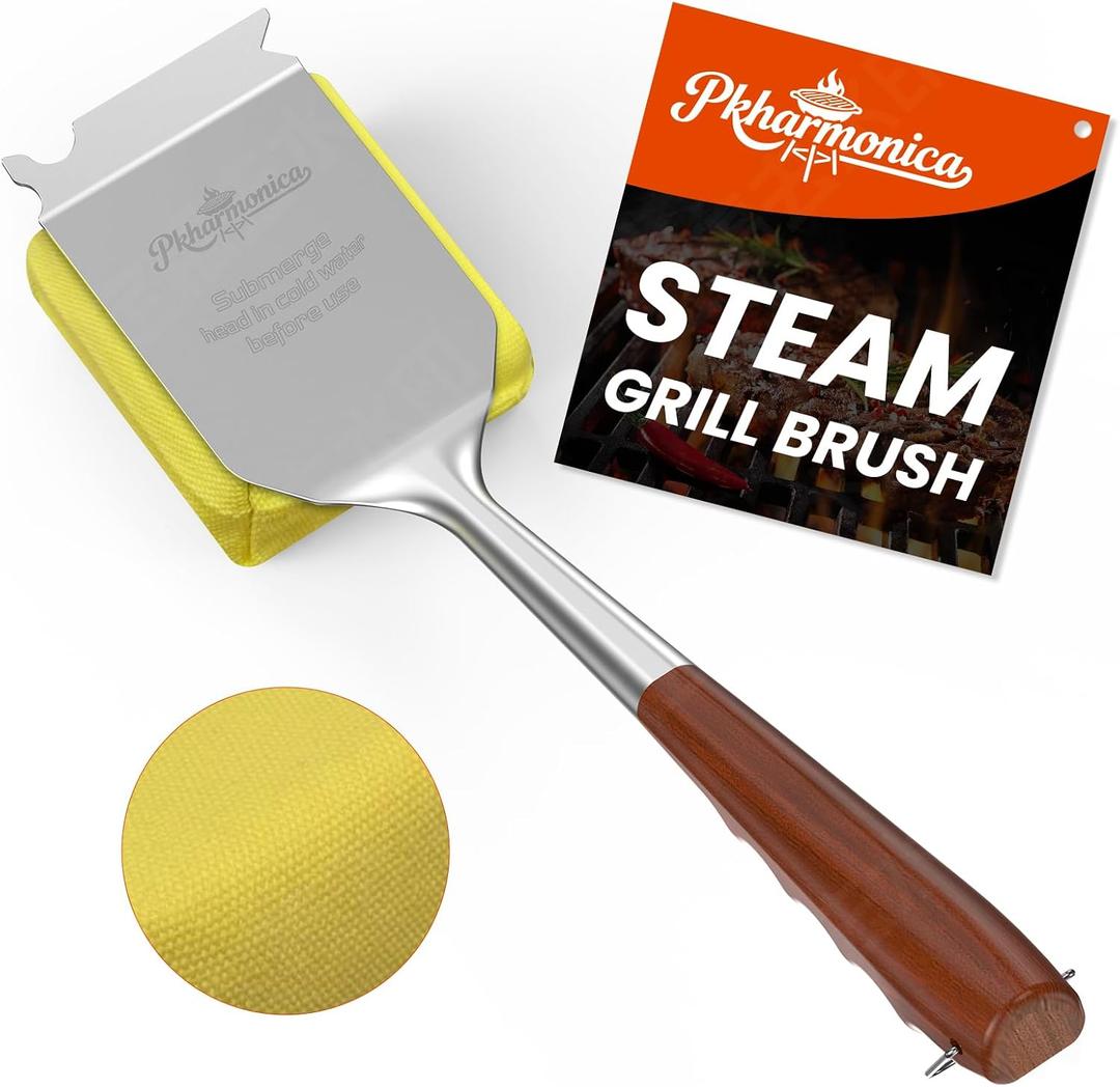 Grill Brush for Outdoor Grill, Bristle Free Grill Brush with Scraper, Safe Steam Grill Cleaner for BBQ &Griddle, Long Rosewood Handle Reaches Corners, for Porcelain, Cast Iron & Stainless Steel Grates