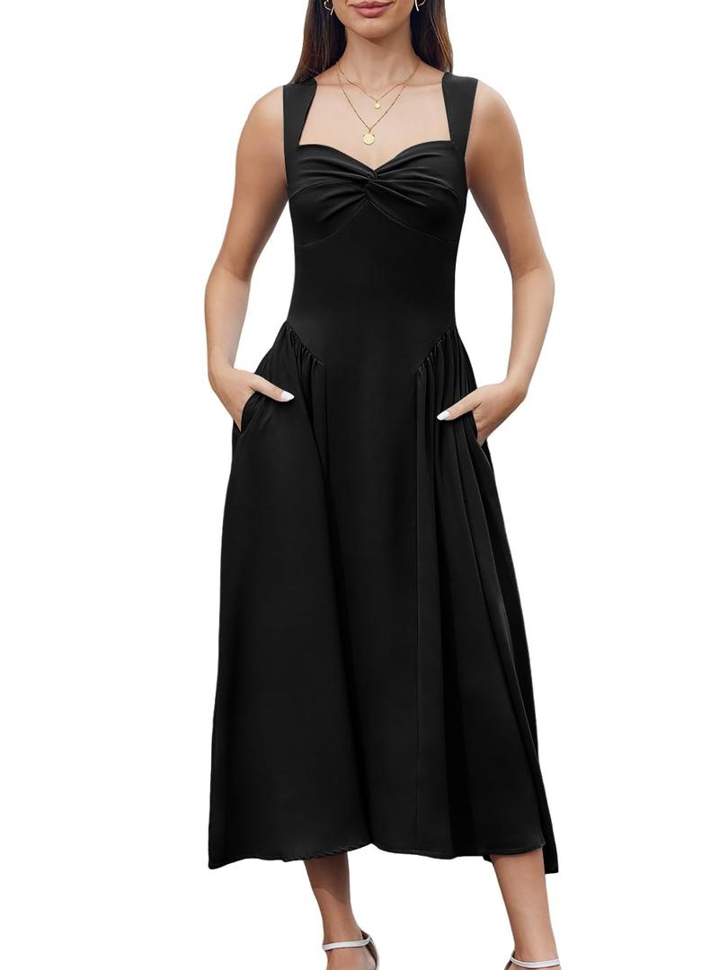 YHHOWEP Women's Formal Midi Dress Wedding Guest Corset Sleeveless Elegant Cocktail A Line Flowy Dresses Semi Formal Sundress with Pockets Black M (Black, M)