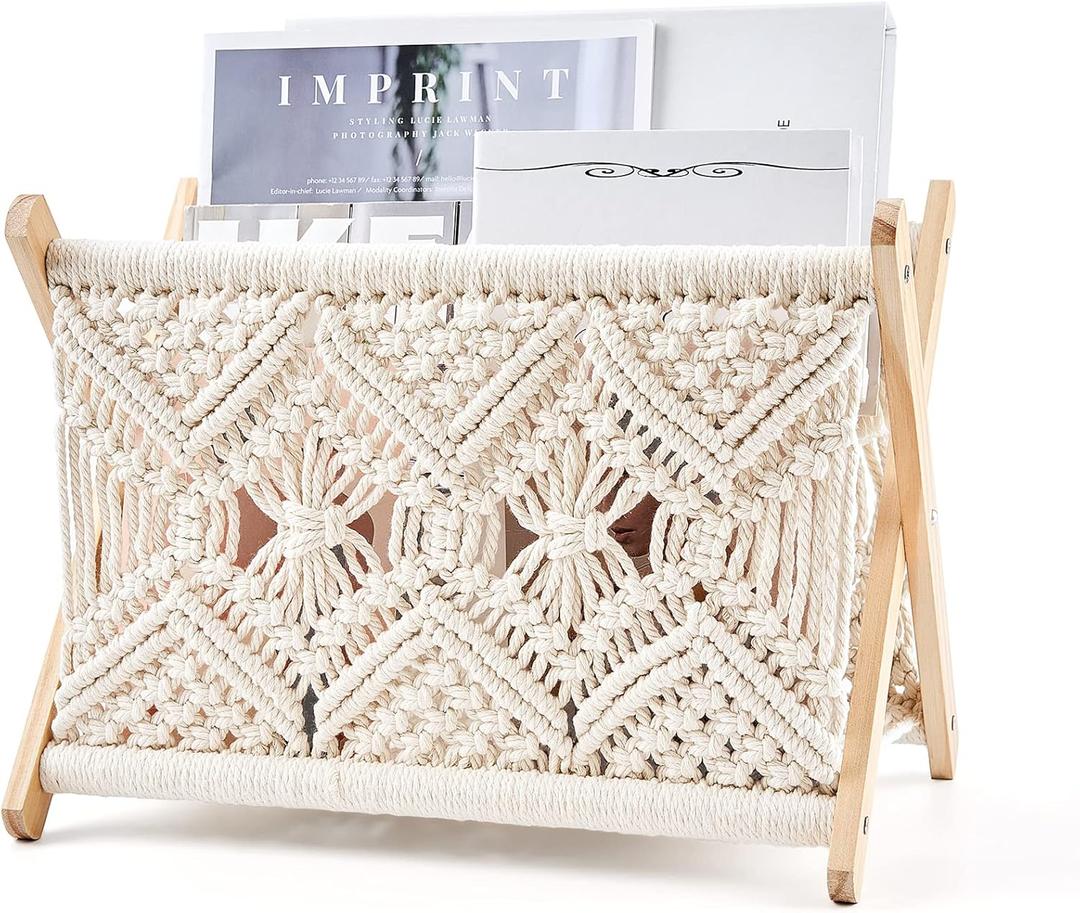 Mkono Macrame Magazine Rack Boho Storage Holder Standing Basket for Books, Newspapers, Swaddle Blanket, Dorm Essentials, Living Room, Bathroom, Office, Nursery, Home Decor, Medium Size, 14”L x 10”W