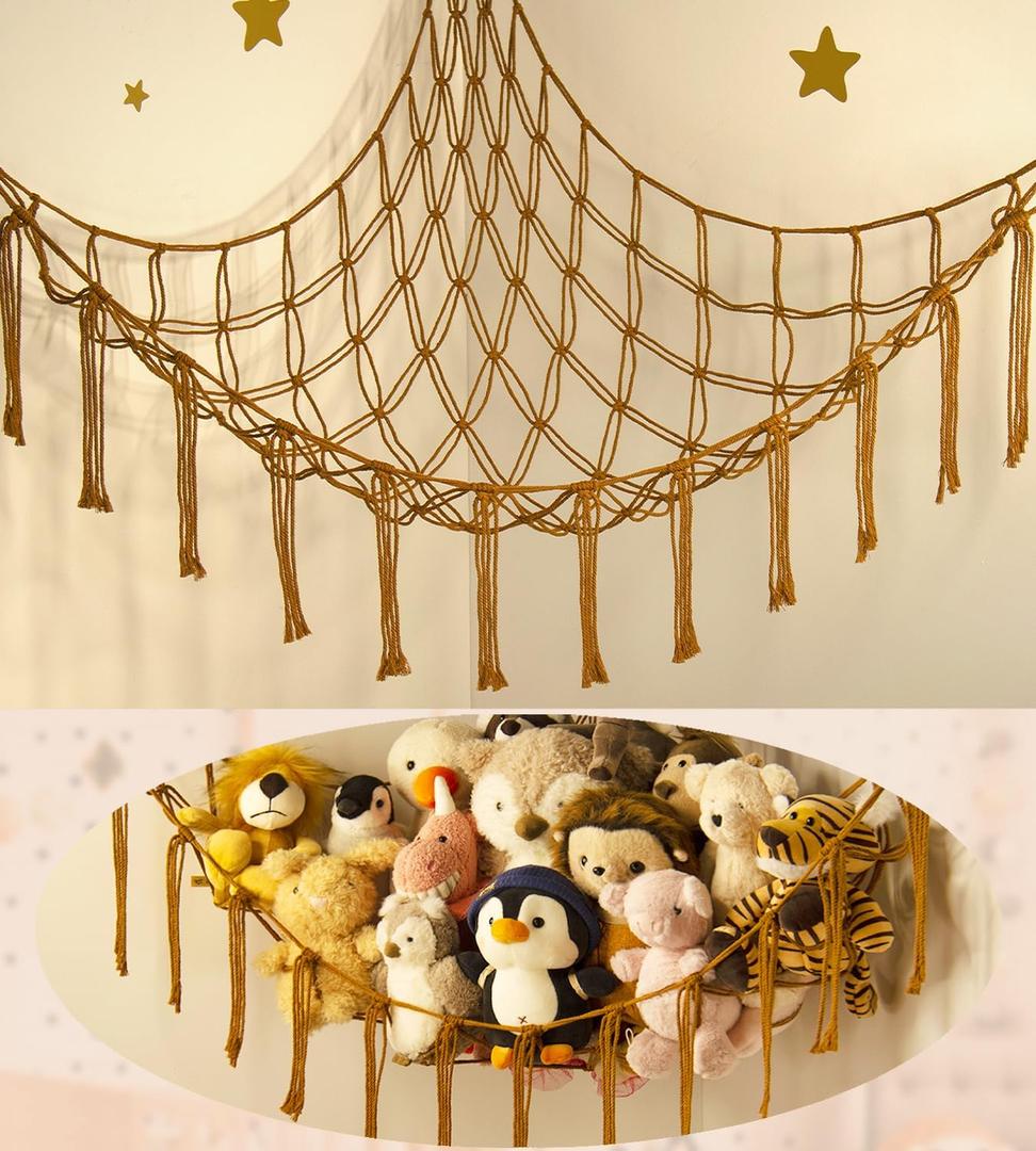 Stuffed Animal Hammock-Large Stuffed Animal Net For Toys Corner-Hanging Stuff Animal Toy Storage Organizer For Plush Plushie Display Caramel Toy Storage Girl Room Bedroom Boho Nursery Decor (Standard(41.5"L x 55.2"W x 41.5"H))