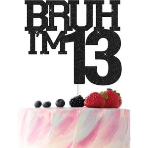 Bruh I'm 13 Cake Topper,Funny 13th Birthday Party Decorations,Bro I'm 13 Happy 13th Birthday Cake topper for girls, Black Glitter 13 Birthday Party Decorations For boy