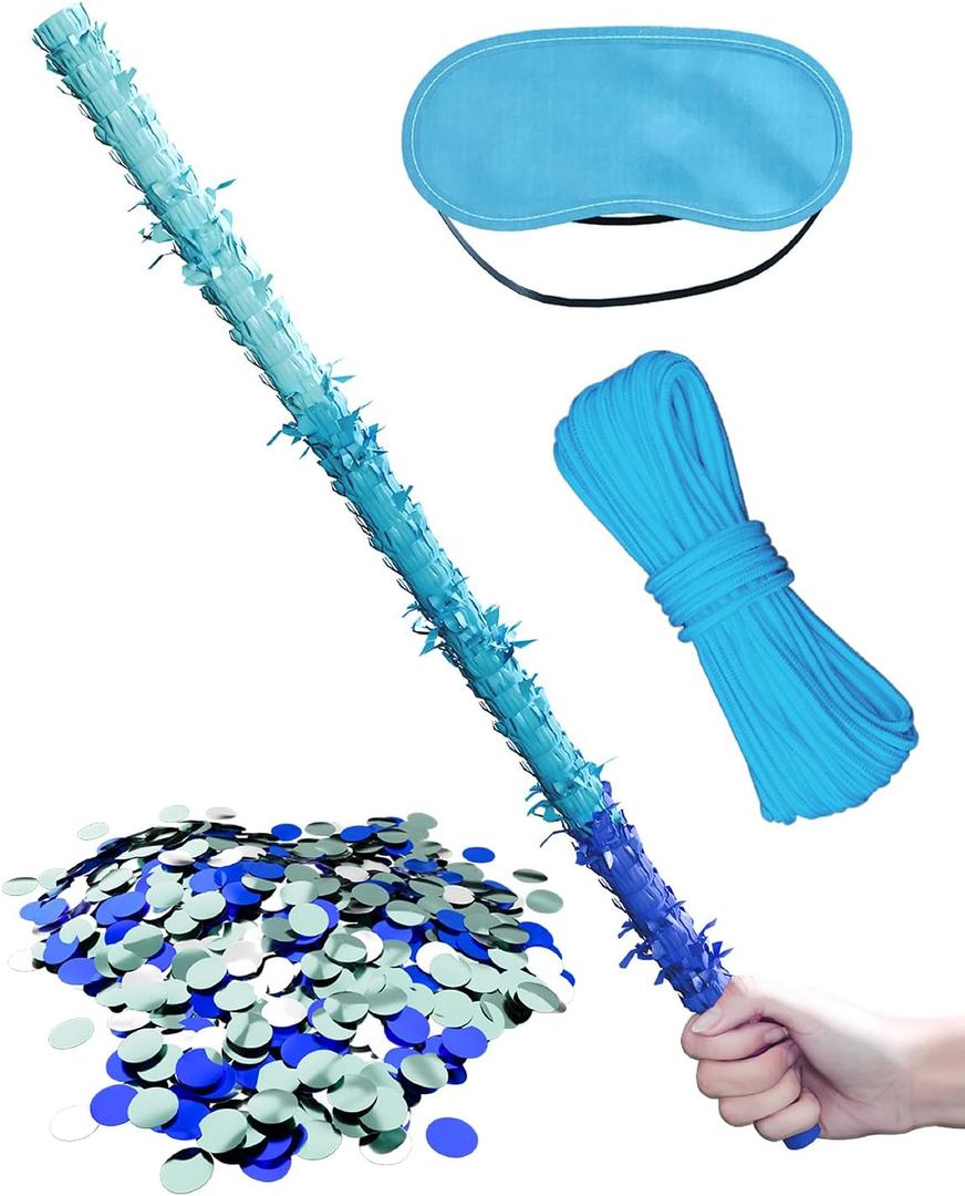 Extra-Strong Wooden Piñata Stick (31.5 Inch) with 5M Rope, Blindfold & Confetti - Heavy-Duty Reinforced Design for Kids & Adults Birthday, Halloween & Holiday Party Games - Blue