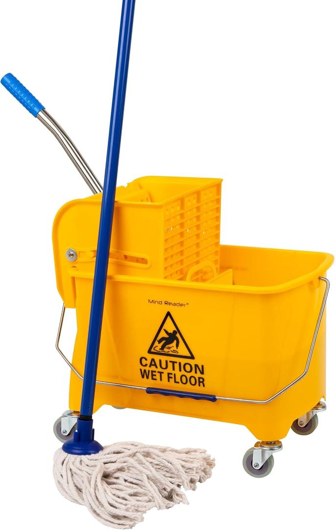 Mind Reader Mop Bucket with Wringer (Mop Not Included), 5.5 Gallon Cleaning Bucket with Wheels and Handle, Upward Press Wringer, Small Mop Compatible, Yellow
