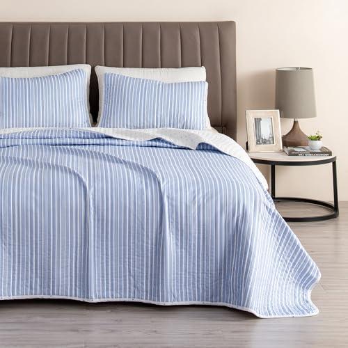 Great Bay Home Striped Quilt Set - 3-Piece King/California King Size Pattern Bedding Set - Lightweight, All-Season, Reversible Bedspread (Blue)