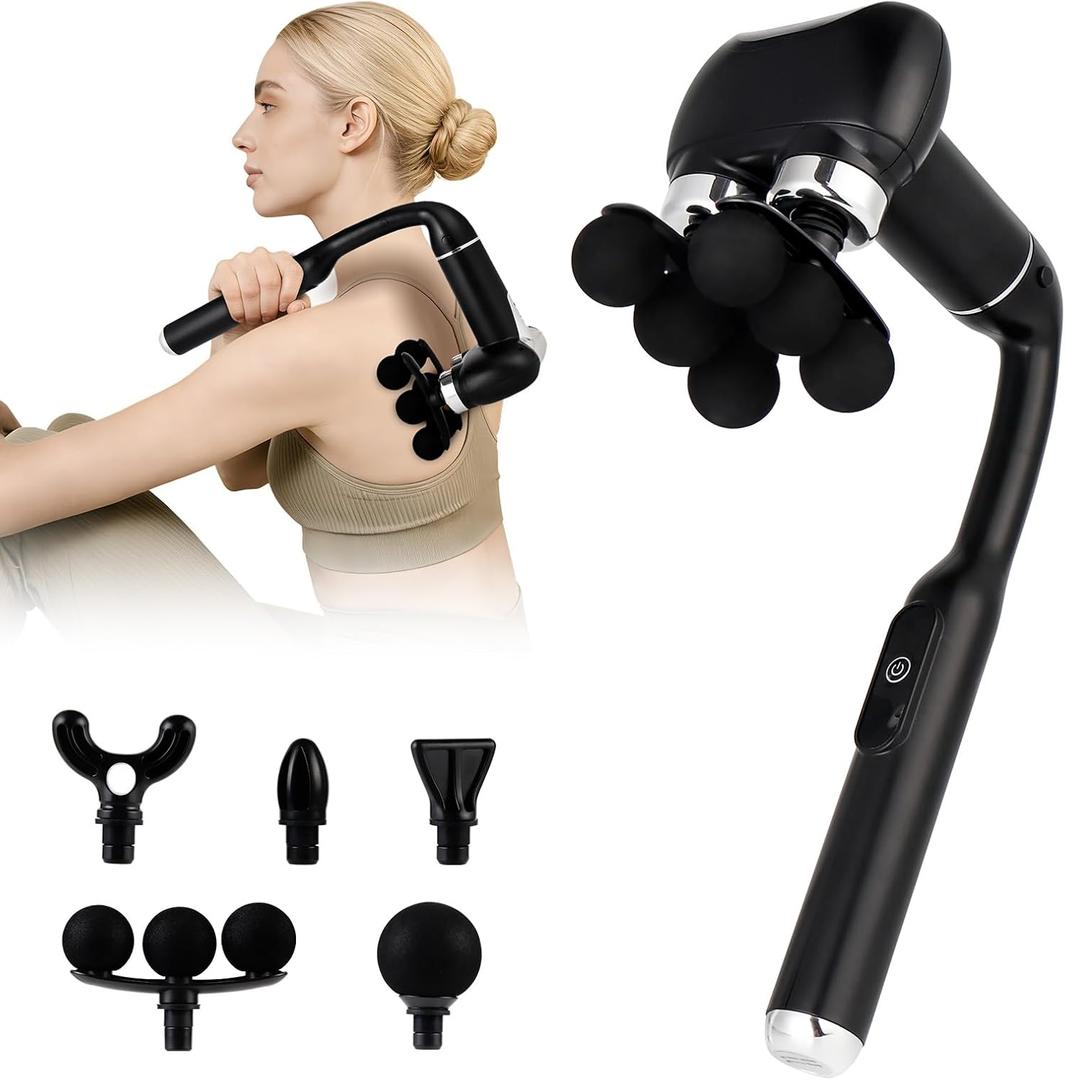 Massage Gun with Extension Handle, Handheld Foot Back Neck Shoulder Massager with 6 Adjustable Speeds & Modes and 5 Replaceable Heads for Gym & Home Use, Birthday Gifts for Men