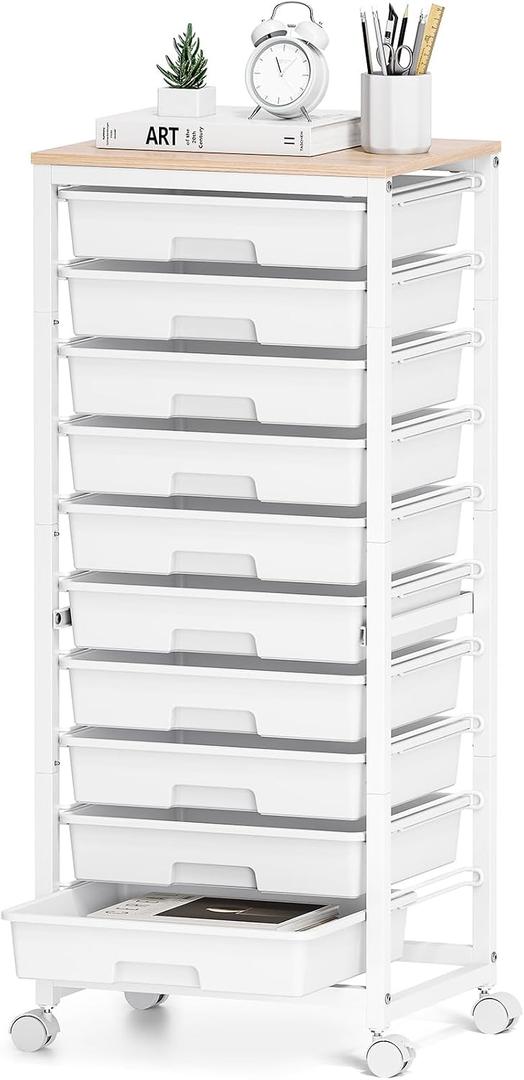 SYKIARIOL Rolling Cart with Drawers,10 Drawer Rolling Cart,Storage Cart with Wheels,Utility Cart with Drawers,Teacher Cart for Classroom Storage,Craft Cart with Wheels and Wooden Tabletop,White