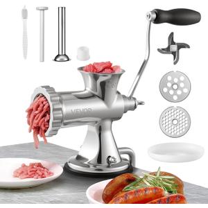 VEVOR Manual Meat Grinder, 304 Stainless Steel Hand Meat Grinder with Suction Cup + Steel Table Clamp, Meat Mincer Sausage Maker & 2 Cutting Plates, Sausage Tube, Grinding Head for Beef Pepper Cookie