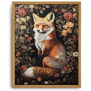 Framed Vintage Wall Art, Vintage Dark Academia Fox Paintings Wall Decor, Woodland Animal Canvas Wall Art Prints Wildlife Botanical Floral Pictures Boho Artwork for Bedroom Living Room 16x24in