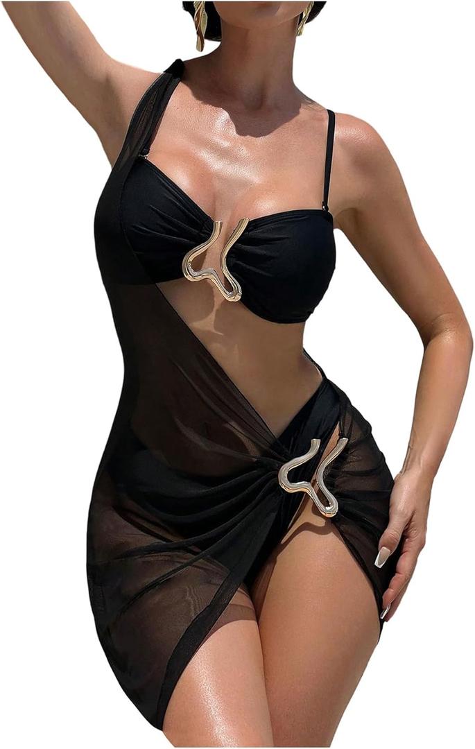 WDIRARA Women's 3 Piece Swimsuit Ring Linked Bikini Set with Sheer Cover Up Dress (Medium, Black)