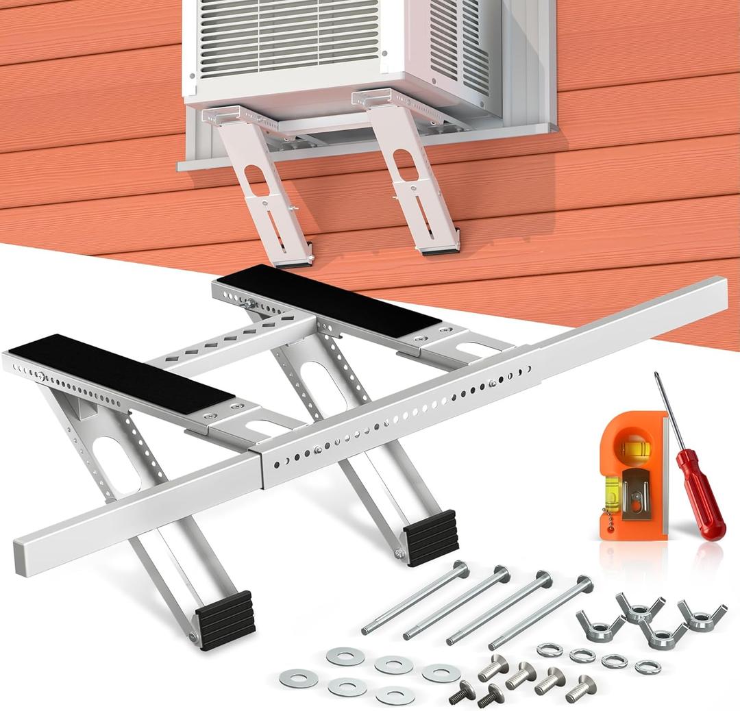 Air Conditioner Bracket No Drill: Heavy Duty Holder with Bubble Level for 350lbs AC Units, Adjustable Width, No Tools Needed, Fits Single & Double Hung Windows, 5000-24000 BTU Coverage