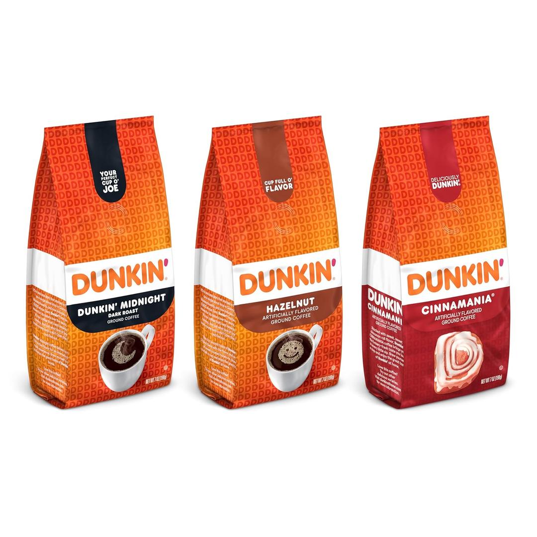 Dunkin Ground Coffee Limited Edition Variety Pack, Three 7 Oz. Bags, Best By March 12, 2026