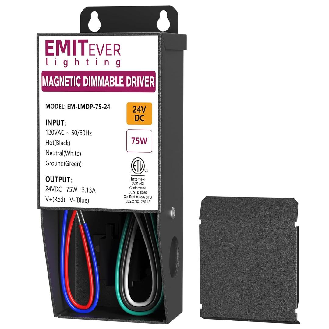 EMITEVER 75W Magnetic Dimmable LED Drvier, 24V Transformer Magnetic Power Supply 120VAC to 24VDC, Compatible with Lutron and Leviton Dimmer, for LED Strip Light,Kitchen,Cabinet,ETL Listed,Class2