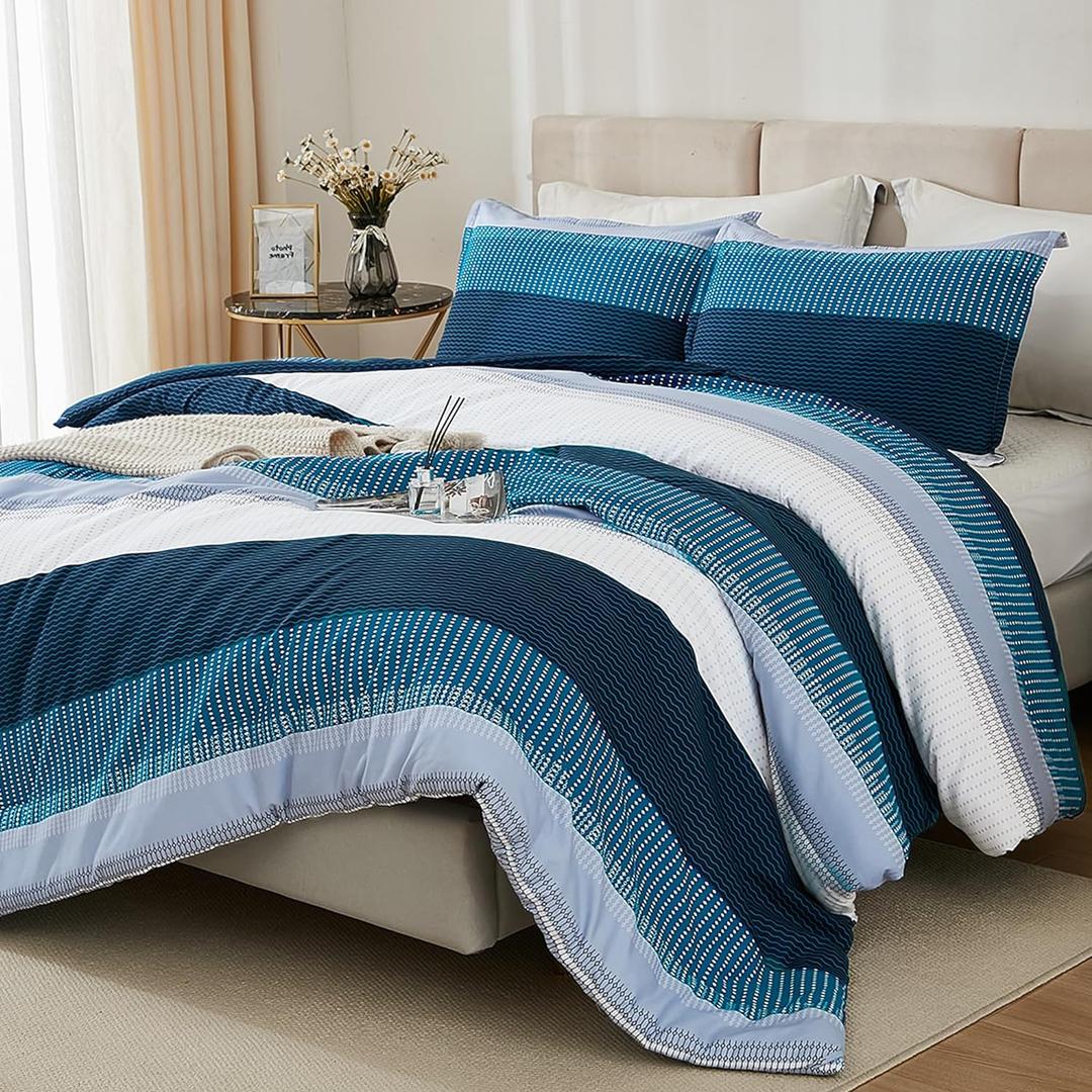 Litanika Navy Blue Comforter King Size Set, 3 Pieces Bedding Set, Blue White Colorblock Stripe (104x90In Comforter & 2 Pillowcases)