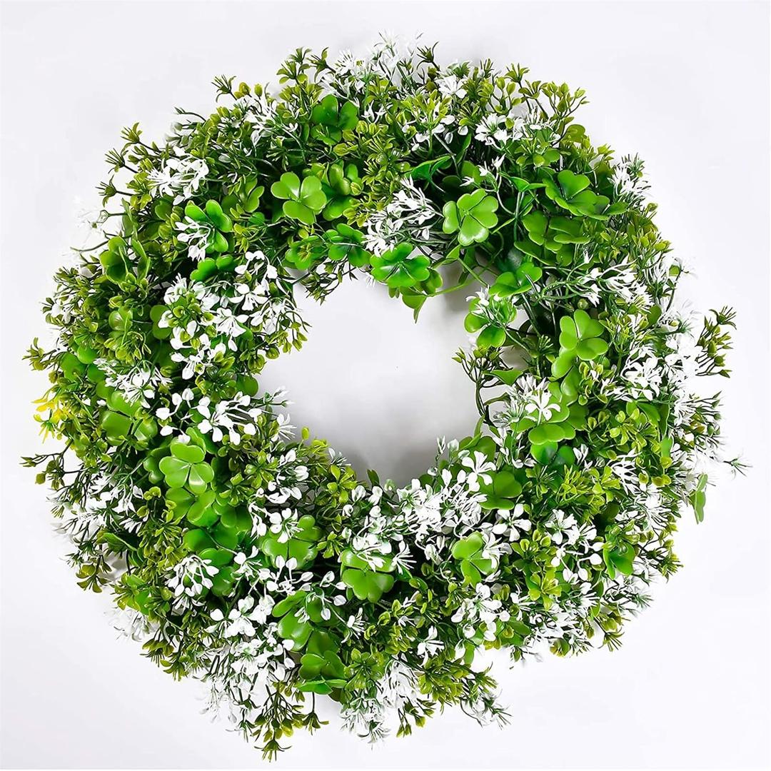 St Patricks Day Decorations Artificial Wreath Lucky Shamrock Clover Leprechaun Hat Beers Spring Summer Party Decor Outdoor/Indoor Farmhouse Front Porch Wall Window Door (Green)