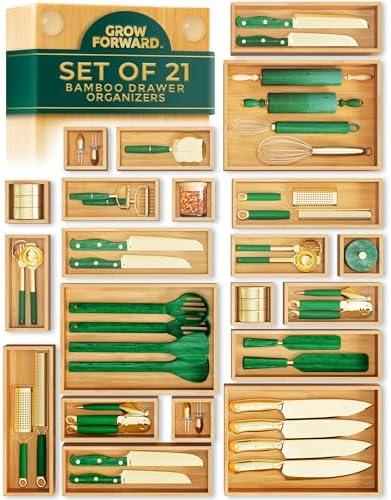 Grow Forward Bamboo Drawer Organizer Boxes - Set of 21 Wooden Drawer Organizers for Kitchen, Bathroom, Office, Desk, Vanity, Makeup - Non-Slip Junk Drawer Organizer Trays for Storage and Organization