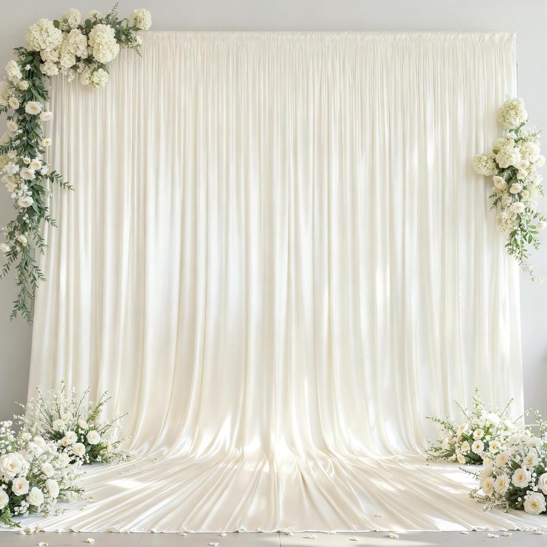 Ivory Satin Backdrop Curtains for Parties, 2 Panels 5FTx12FT Wrinkle Free Glitter Background Photo Backdrop Drapes for Wedding Birthday Photography Back Drop Cloth Holiday Festival Decor