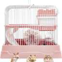 PINVNBY 2-Tier Dwarf Hamster Cage, Travel Portable Mouse Cage Gerbil Cages and Habitats Small Animal Carrier with Castle House Running Exercise Wheels, Water Bottle and Food Dis (Pink)