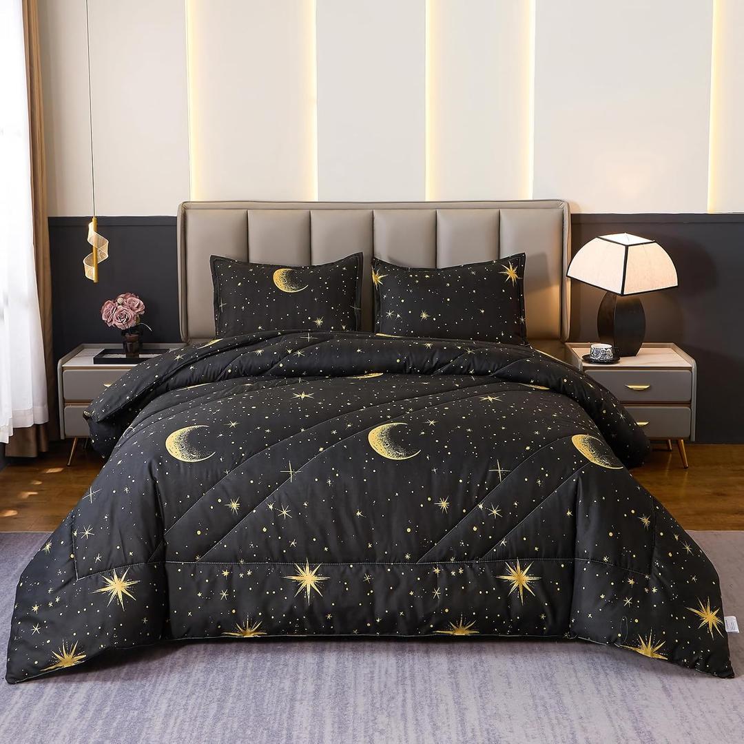 Caressma Black Comforter Set Moon Star Twin Size 2pcs with Pillowcase