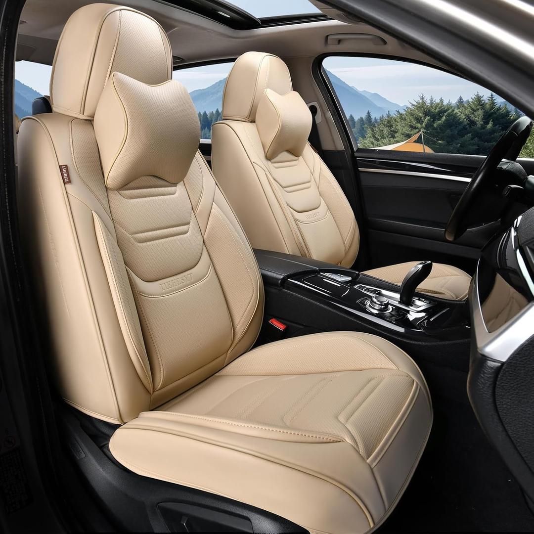 TIEHESYT Leather Seat Covers Front Pair with Lumbar Support and Headrest, Breathable and Waterproof Car Seat Cover, Universal Seat Covers for Cars, Trucks, SUVs, Airbag Compatible, Beige