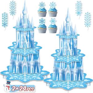 Happynow 2Sets Winter Party Cupcake Stand Decorations, with 24pcs Cupcakes Toppers - 3-Tier Blue Snowflake Cake Tower for Birthday Supplies, Cardboard Dessert Holder