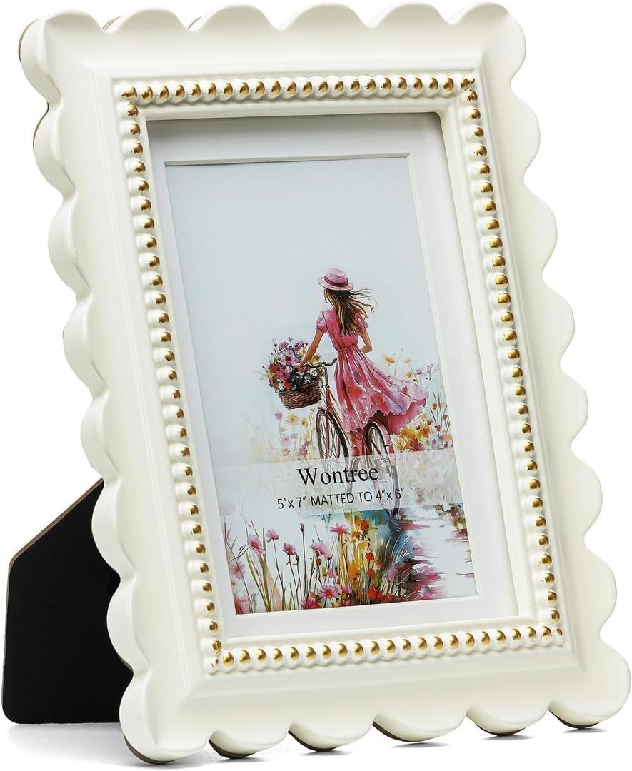 Wontree Wavy 5x7 Picture Frame White with Gold Beaded Trim, Resin Frame with Real Glass, Display 5x7 Photos Matted to 4x6, Vertical and Horizontal Desk Tabletop or Wall Hanging