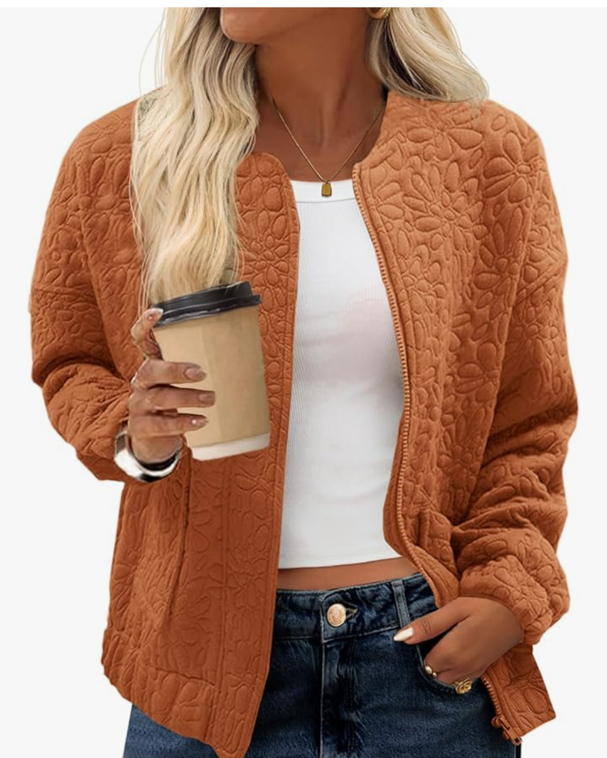 Tankaneo Womens Bomber Jackets Lightweight Zip Up Fashion Cute Jacquard Coats Fall Varsity jacket (S, Red & Brown)