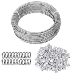 TooTaci 1/8 Wire Rope Kit, 100ft Vinyl Coated Stainless Steel Cable with 50pcs Crimping Sleeves and 20pcs Thimbles, 7x7 Strand Core Metal Cable for String Light, Shade Sail, Clothesline, Curtain