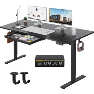 Electric Standing Desk with Drawers,55x24 inches Height Adjustable Sit-Stand Desk with Storage Shelf,3 Preset Heights,Equipped with Hooks,Ergonomic Gaming Table for Home and StudyBlack