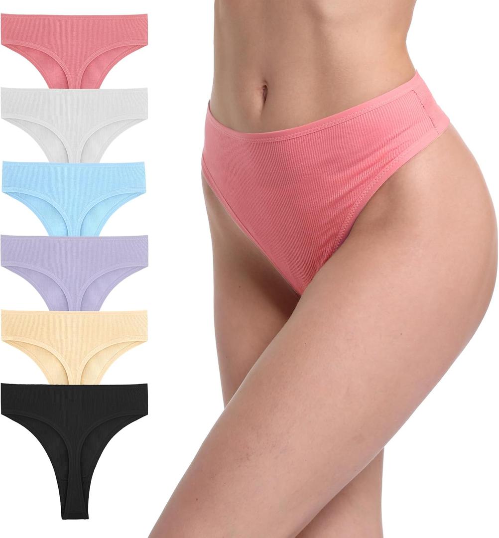 6 Pack Women's Ribbed Cotton Thongs High Waist Seamless Panties Plus Size High Rise No Show Underwear (Medium)