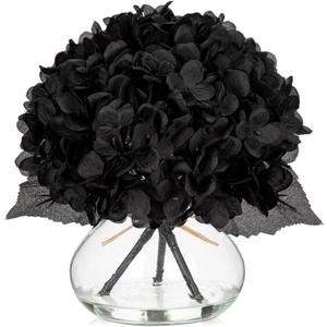 Hollyone Hydrangea Fall Flowers Artificial for Decoration with Glass Vase Black Silk Faux Flowers Arrangements in Vase with Faux Water Fake Floral Bouquet Table Centerpiece Halloween Home Decor