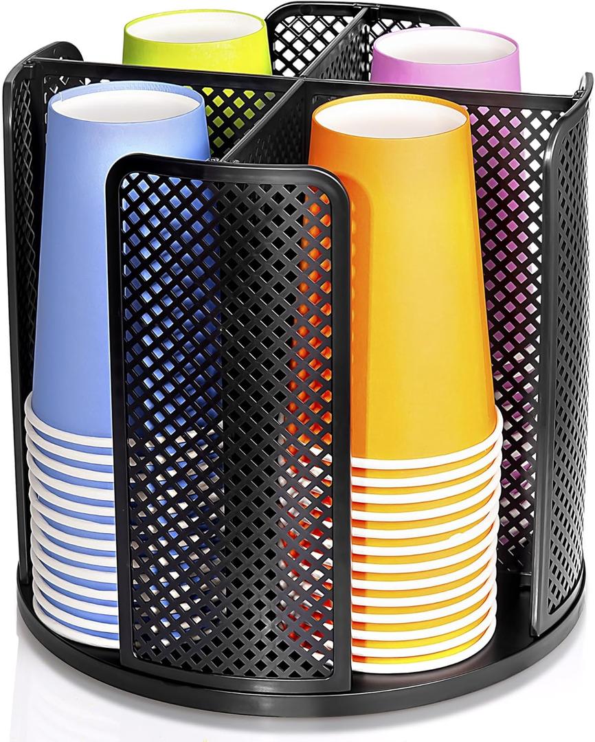 Rotating Paper Cup Dispenser, Cup Holder with 4 Compartments, Disposable Coffee Cup Dispenser Removable, Plastic Cup Storage & Lid Holder for Countertops, Kitchen, Coffee Stations (Black) (3-16oz Cups Rack)