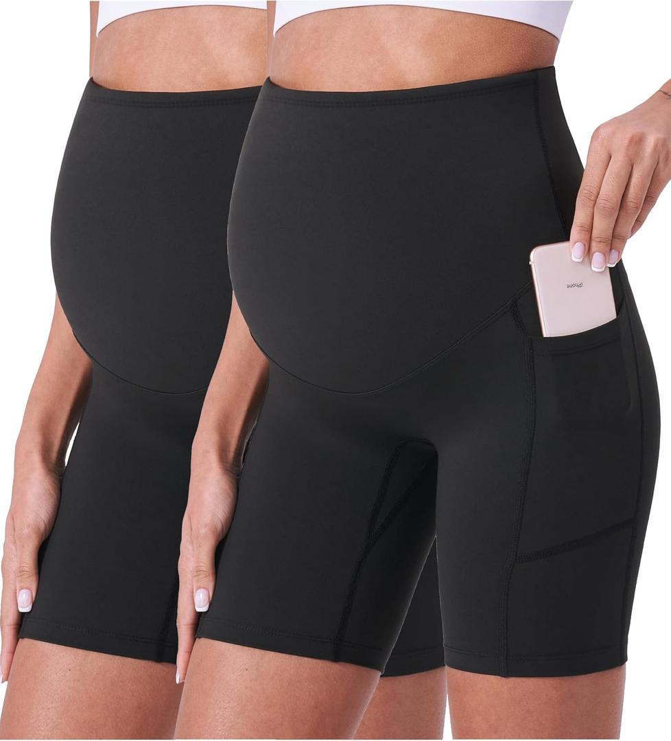 POSHDIVAH Women's Maternity Shorts Over The Belly Biker Yoga Active Pregnancy Workout Short Pants with Pockets 8"